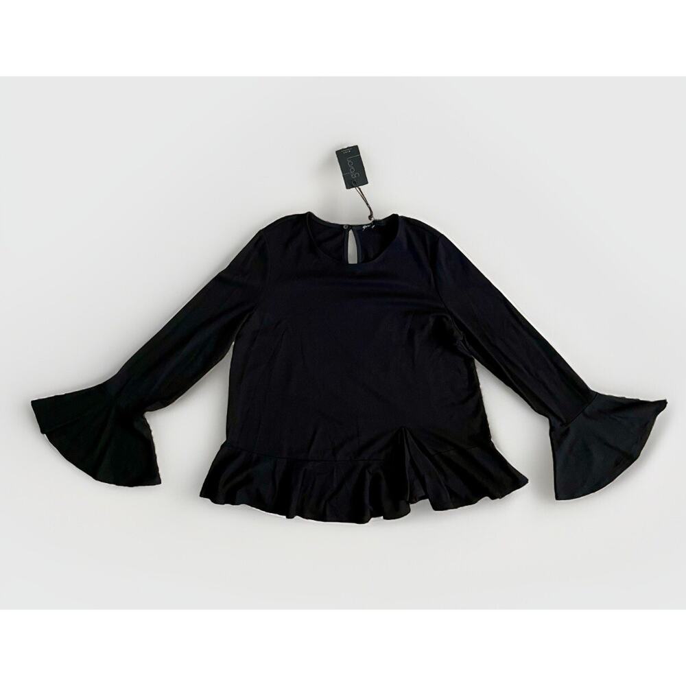 NWT Gibson Nordstrom Bell Sleeve Ruffle Hem Stretch Jersey Knit Top Black Large